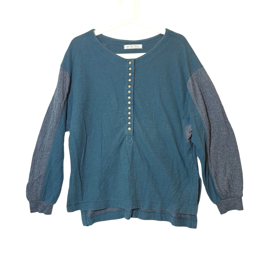 We The Free Free People Teal Henley Top Blue Contrast Sleeve Small OB1121871